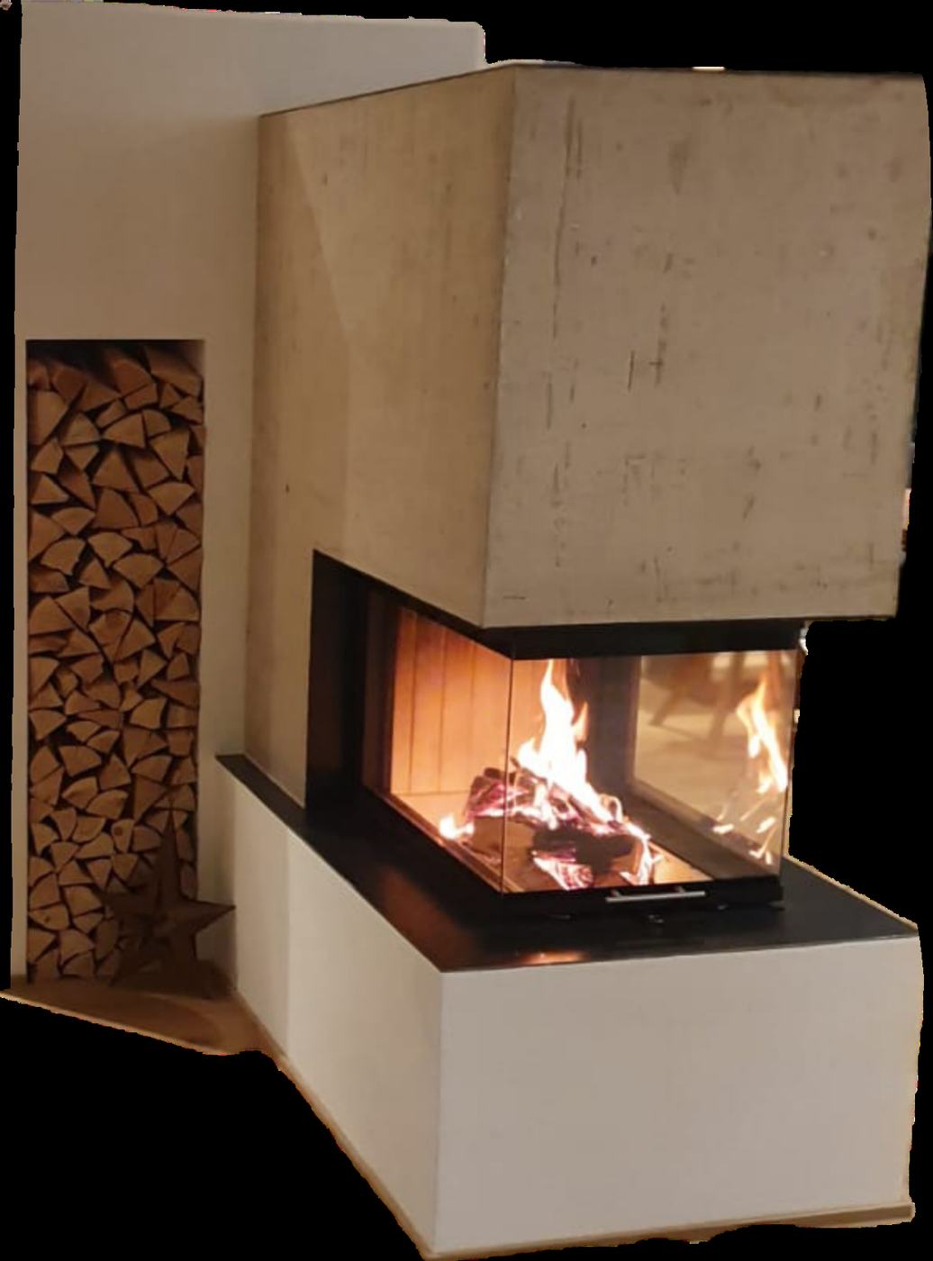 Design-Kamin mit Betonoptik-Hauben und integrierter Holzlager-Nische
